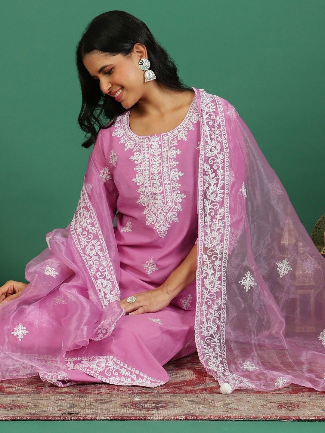 Sangria Embroidered Pure Cotton Round- Neck Kurta & Trousers With Dupatta - Distacart