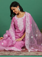 Thumbnail for Sangria Embroidered Pure Cotton Round- Neck Kurta & Trousers With Dupatta - Distacart