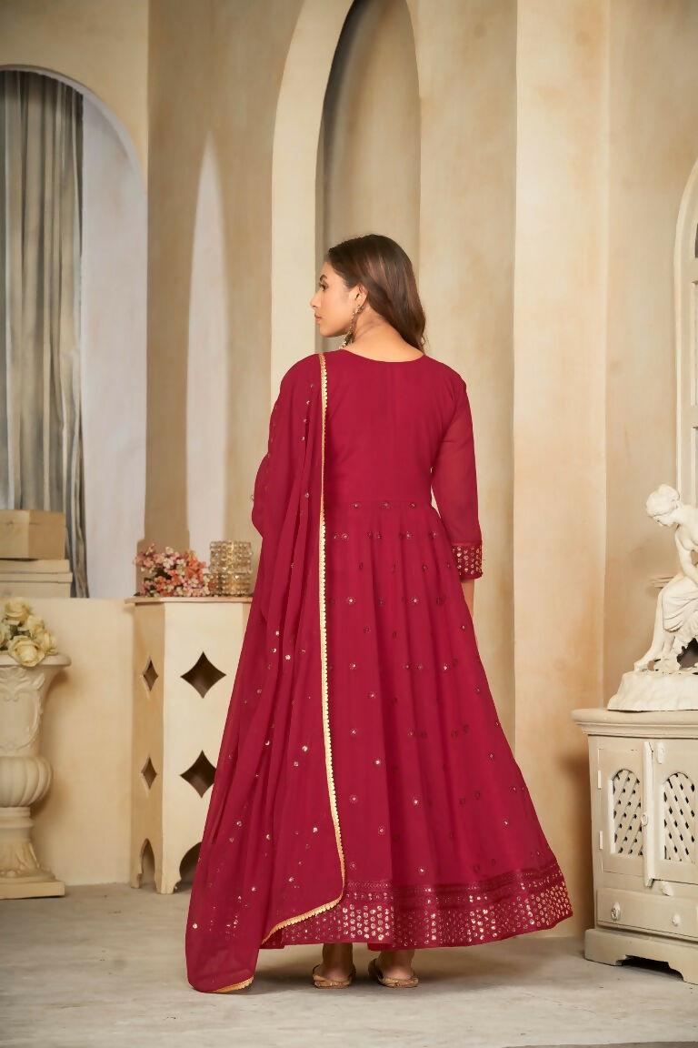 Jyoti Fashion Women's Maroon Georgette Embroidered Anarkali Kurta Pant Set With Dupatta - Distacart