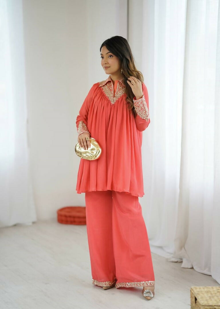 Teeya Creation Fenta Heavy Chinnon Silk Embroidery Work Plazo pair