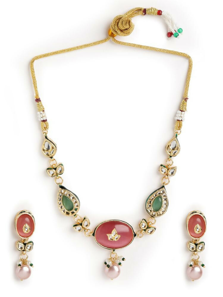 Nuyug 22K Gold Plated Radiant Rose Stone Kundan Necklace
