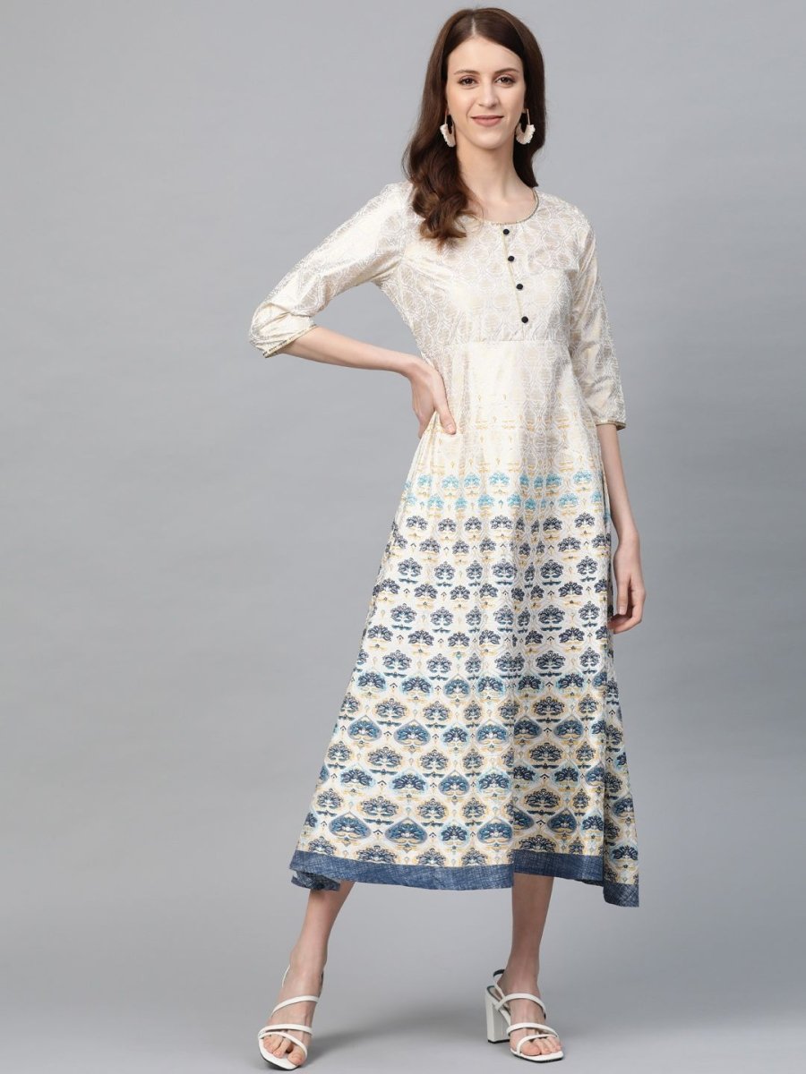 AURELIA Women Off-White & Golden Printed A-Line Dress - Distacart