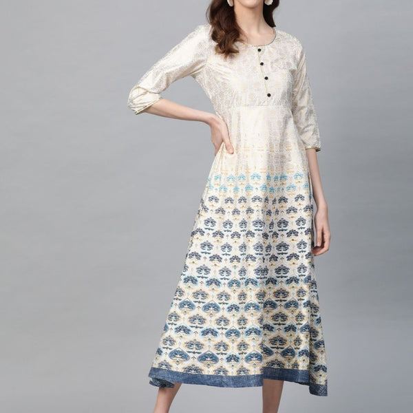 AURELIA Women Off-White & Golden Printed A-Line Dress - Distacart