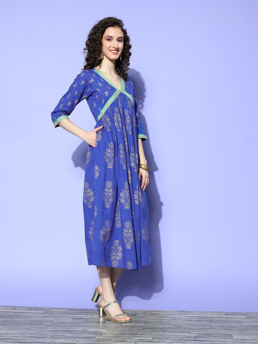 Ahalyaa Blue Floral Print Midi Empire Ethnic Dress - Distacart