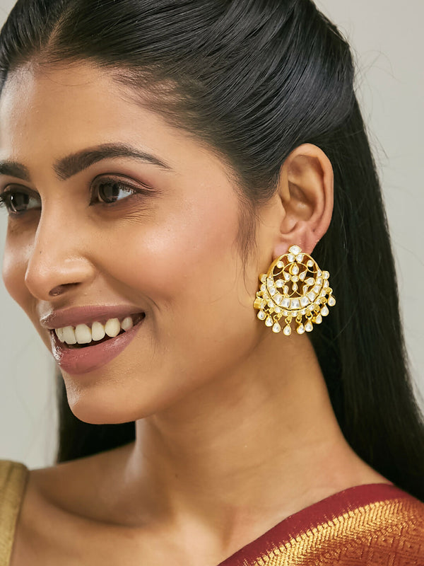 Nuyug 22K Gold-Plated Kundan Stone Studded & Pearl Beaded Moon Chandbalis