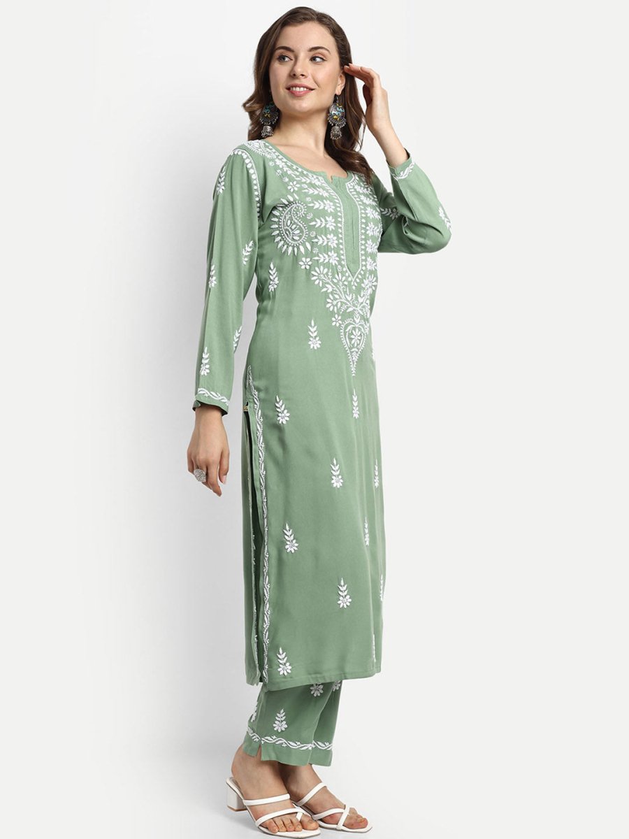 ADA Ethnic Motifs Embroidered Chikankari Kurta with Trousers - Distacart