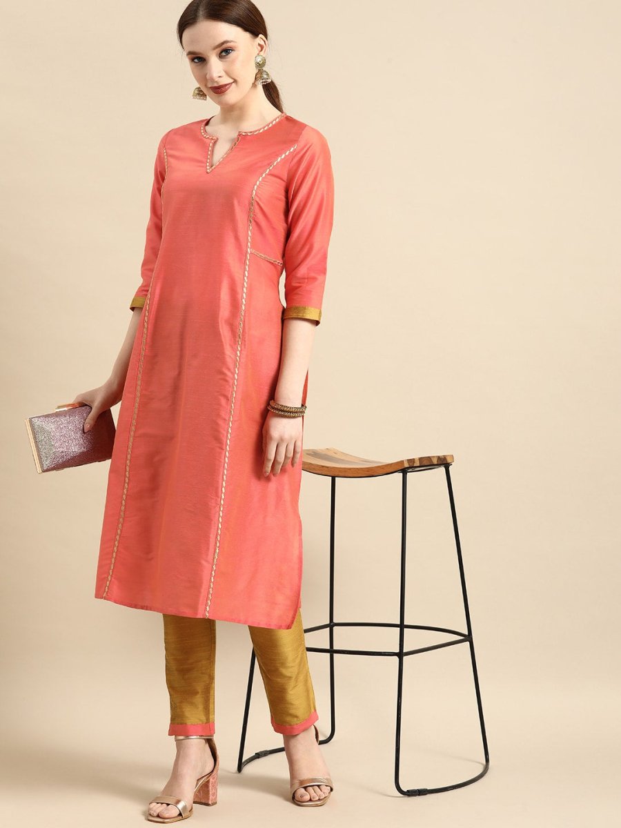 All About You Women Peach-Coloured Embroidered Kurta with Trousers - Distacart