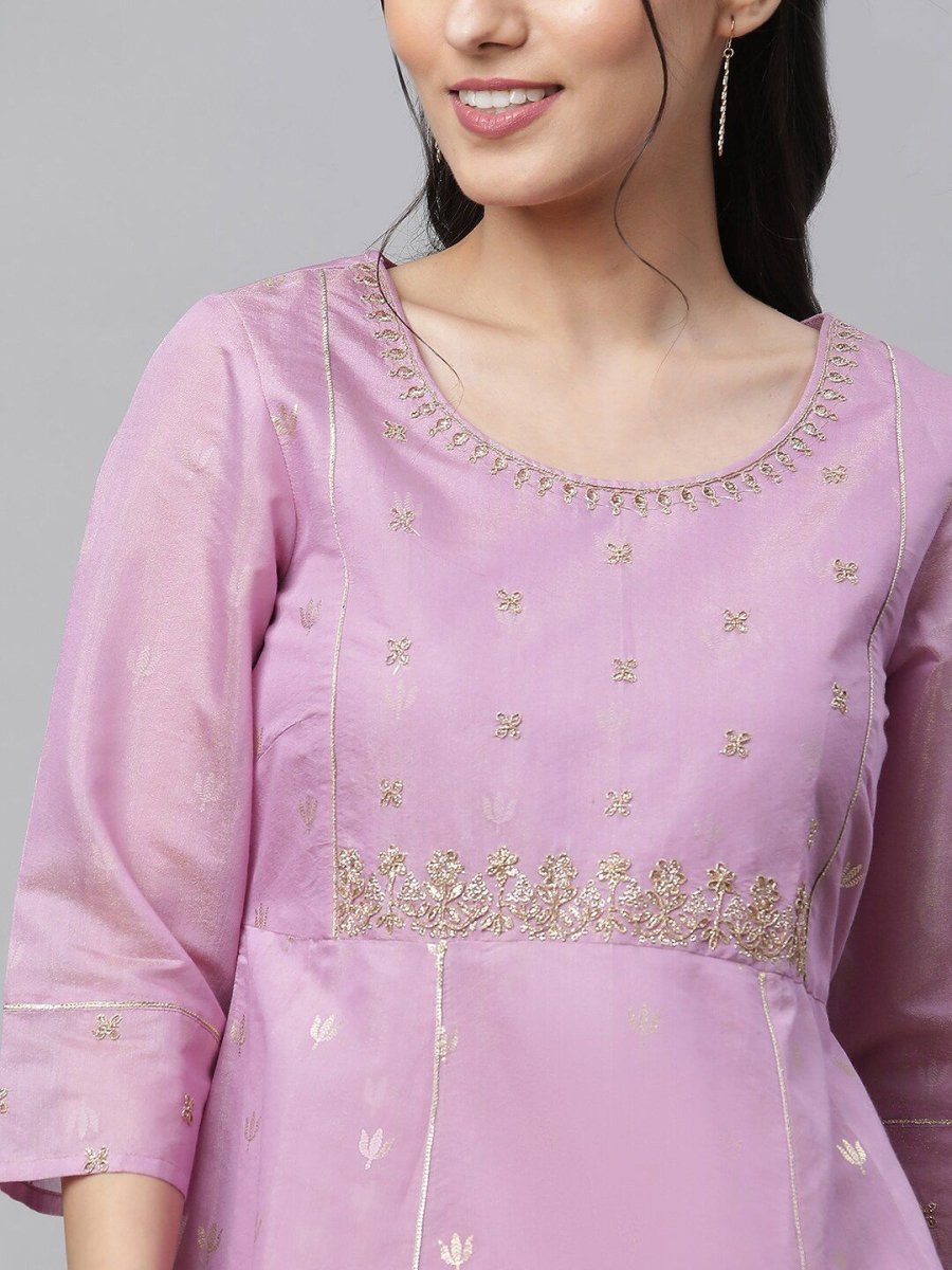 AURELIA Purple Ethnic motifs Self Design Embroidered Fit & Flare Ethnic Dress With Dupatta - Distacart