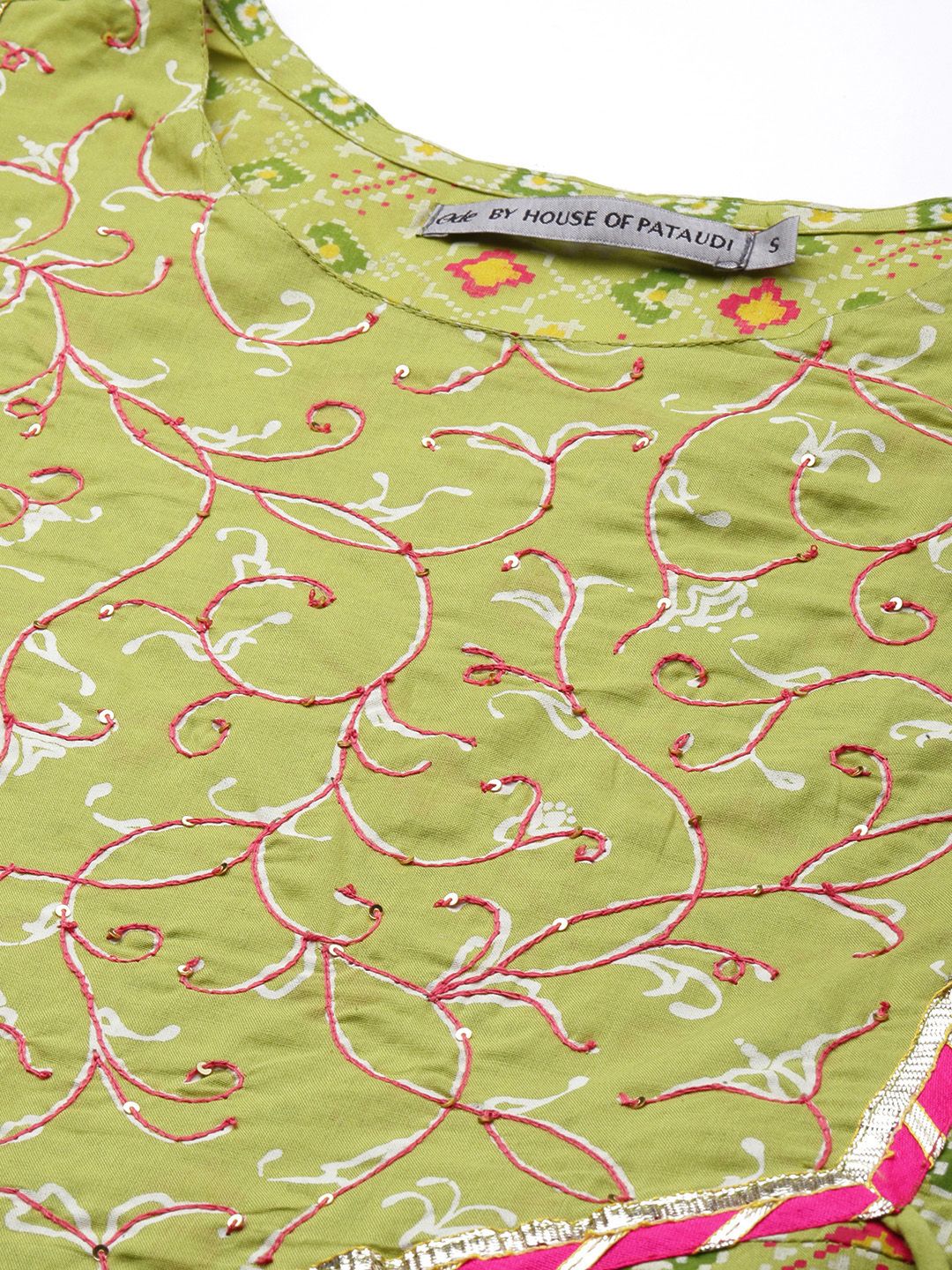 Ode by House of Pataudi Women Green Ethnic Motifs Printed Panelled Pure Cotton Kurta with Trousers & With - Distacart