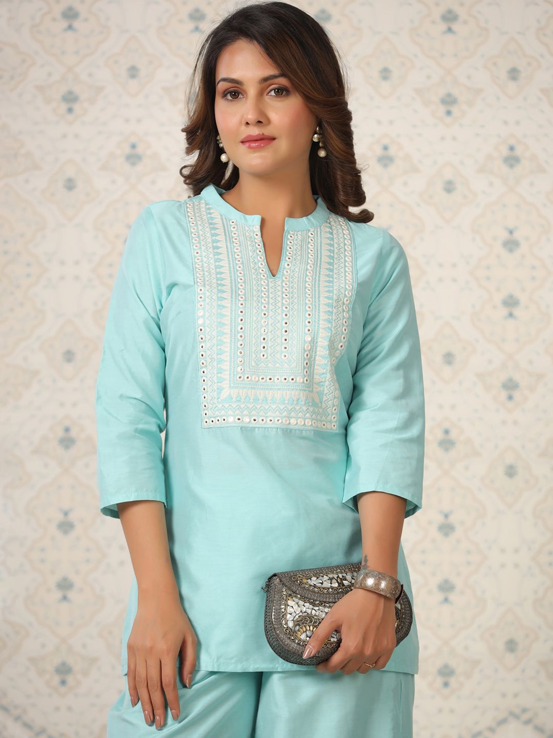 Ode by House of Pataudi Ethnic Motifs Embroidered Mirror Work Kurti with Palazzos - Distacart