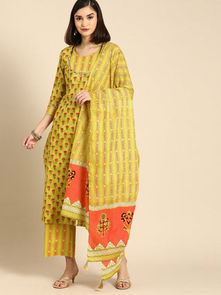 Anouk Women Mustard Yellow Ethnic Motifs Printed Cotton Kurta with Palazzos & With Dupatta - Distacart