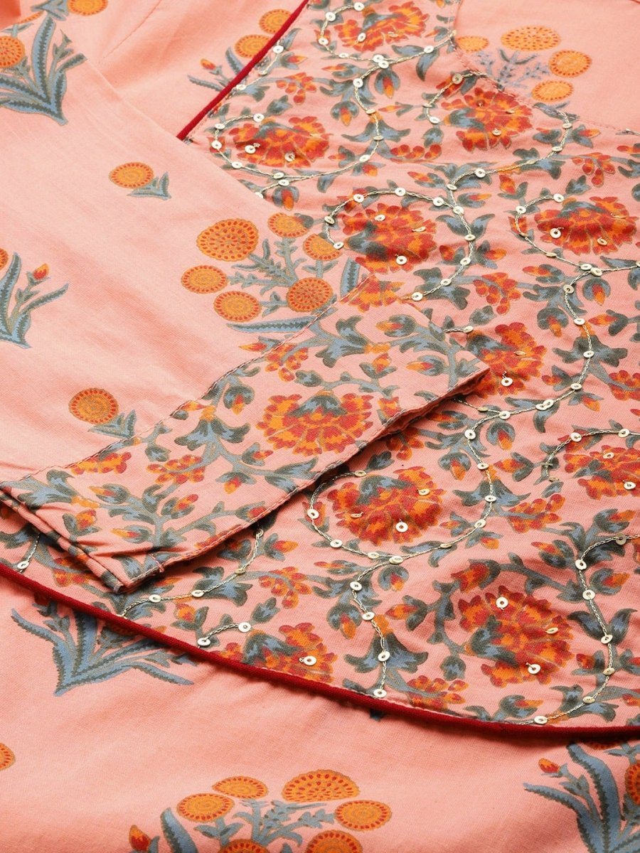 Anouk Pure Cotton Floral Printed Sequinned Kurta with Trousers & Dupatta - Distacart
