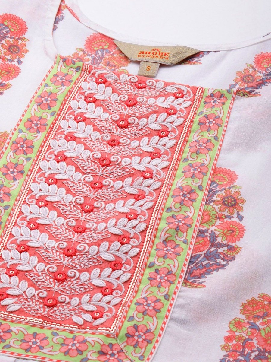 Anouk Floral Printed Pleated Sequinned Pure Cotton Kurta with Trousers & Dupatta - Distacart