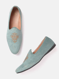 Thumbnail for House of Pataudi Men Mint Green & Beige Embroidered Handcrafted Slip-Ons