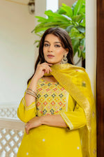Thumbnail for The52 Yellow Women's Beautiful Embroidered Viscose Shimmer Fabric with Straight Kurta, Pant and Dupatta Set - Distacart