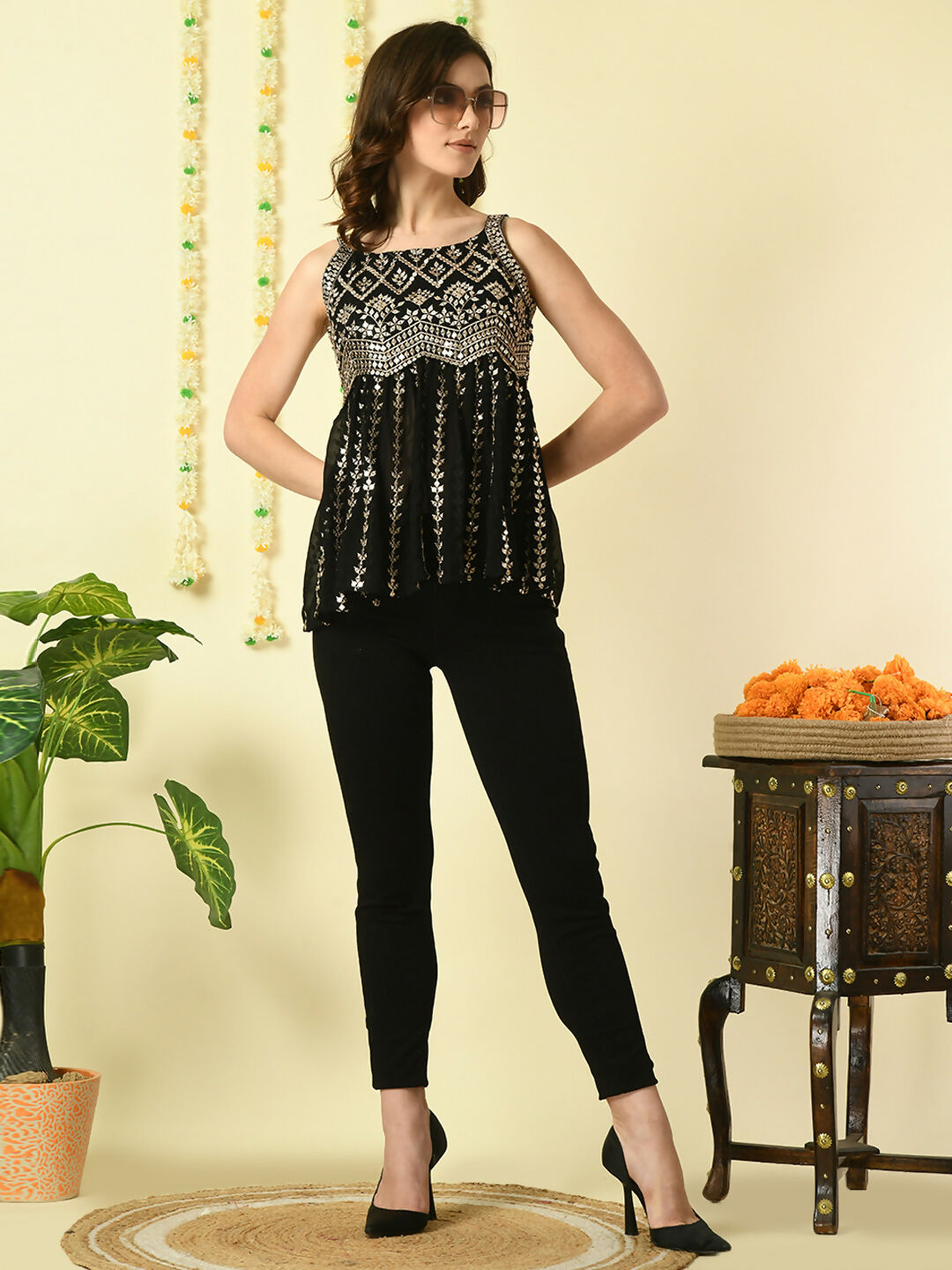 Myshka Women's Black Embroidered Party Fusion Top - Distacart