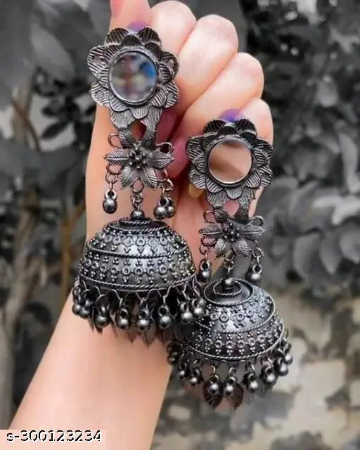 Tehzeeb Creations Women's Black Colour Oxidised Earrings With Mirror And Jhumki Style - Distacart