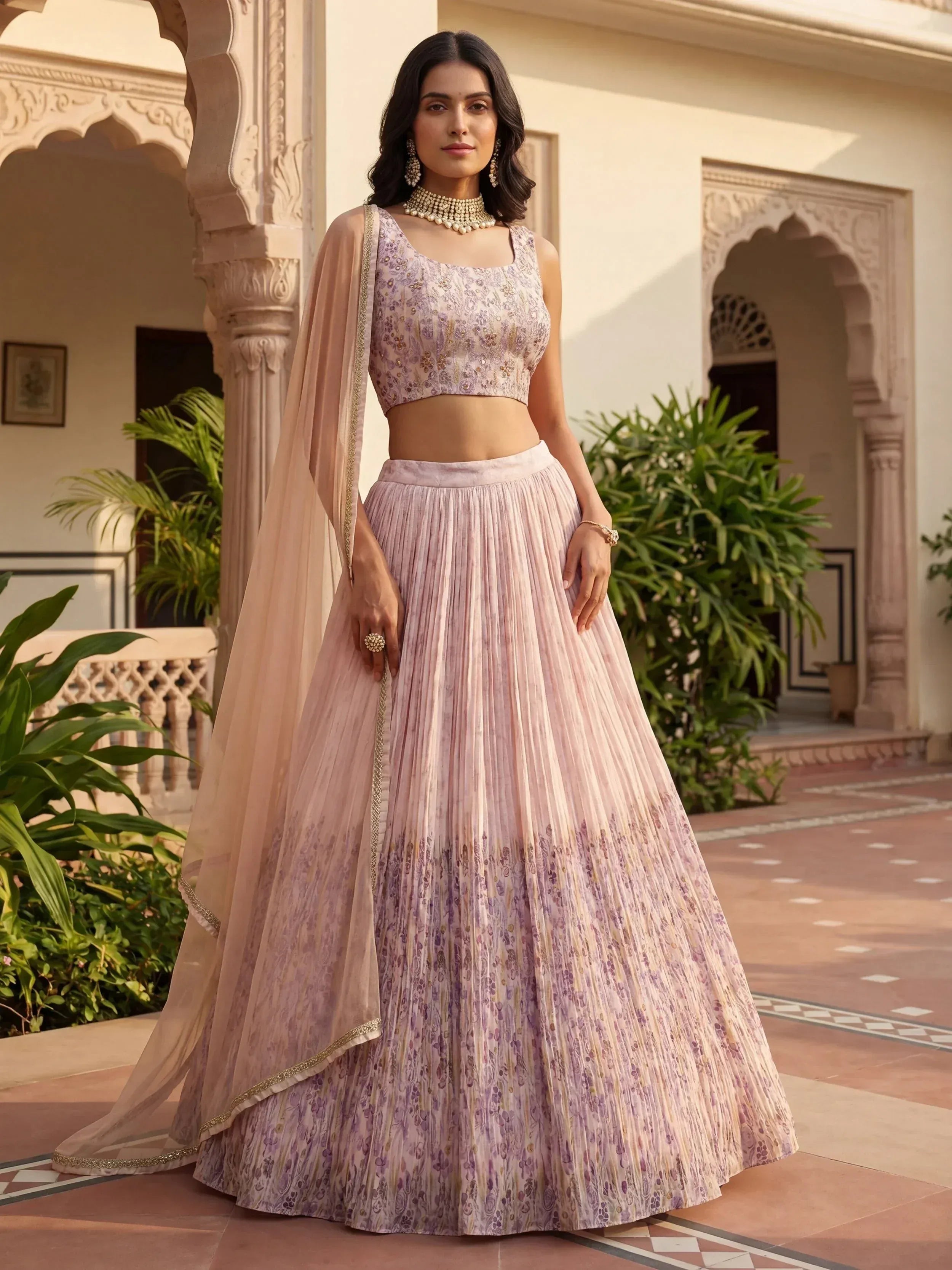 Tulsi Art Precious Peach Floral Printed Georgette Wedding Wear Lehenga Choli - Dista