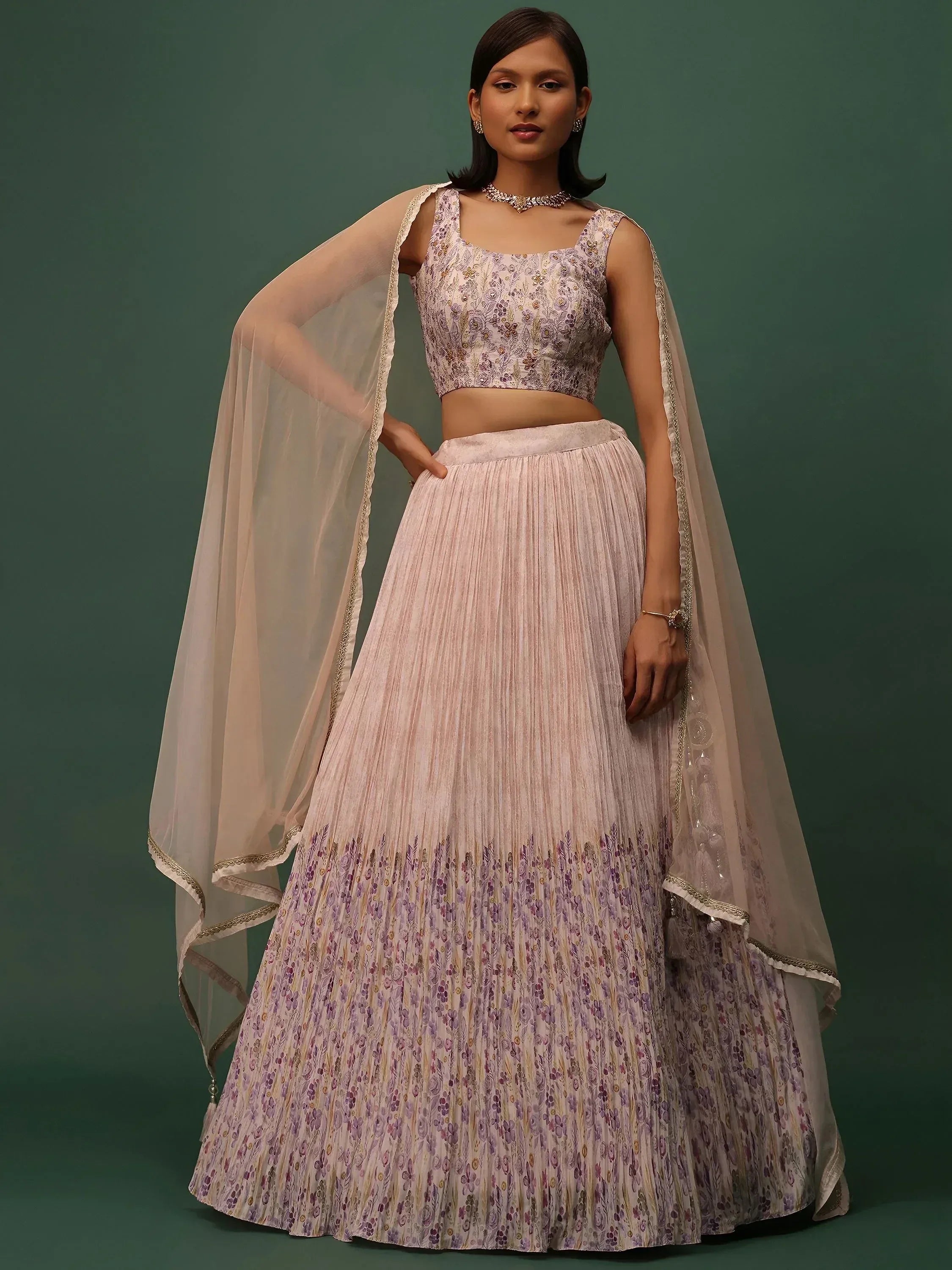 Tulsi Art Precious Peach Floral Printed Georgette Lehenga Choli With Dupatta - Dista