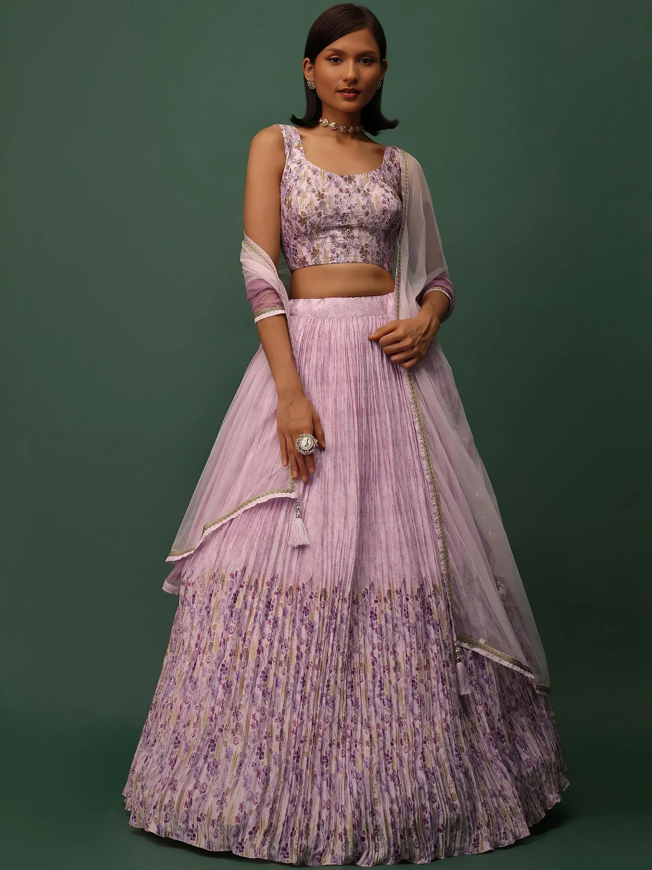 Tulsi Art Beautiful Pink Floral Printed Georgette Event Wear Lehenga Choli - Dista