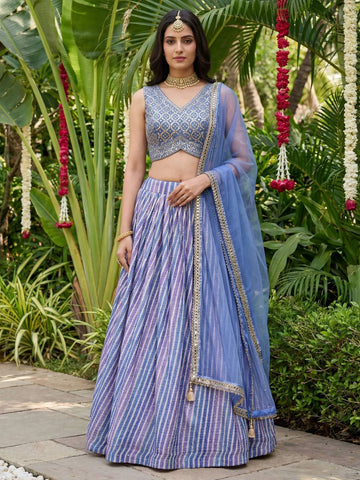 Tulsi Art Classic Lavender Leheriya Printed Organza Wedding Wear Lehenga Choli - Dista