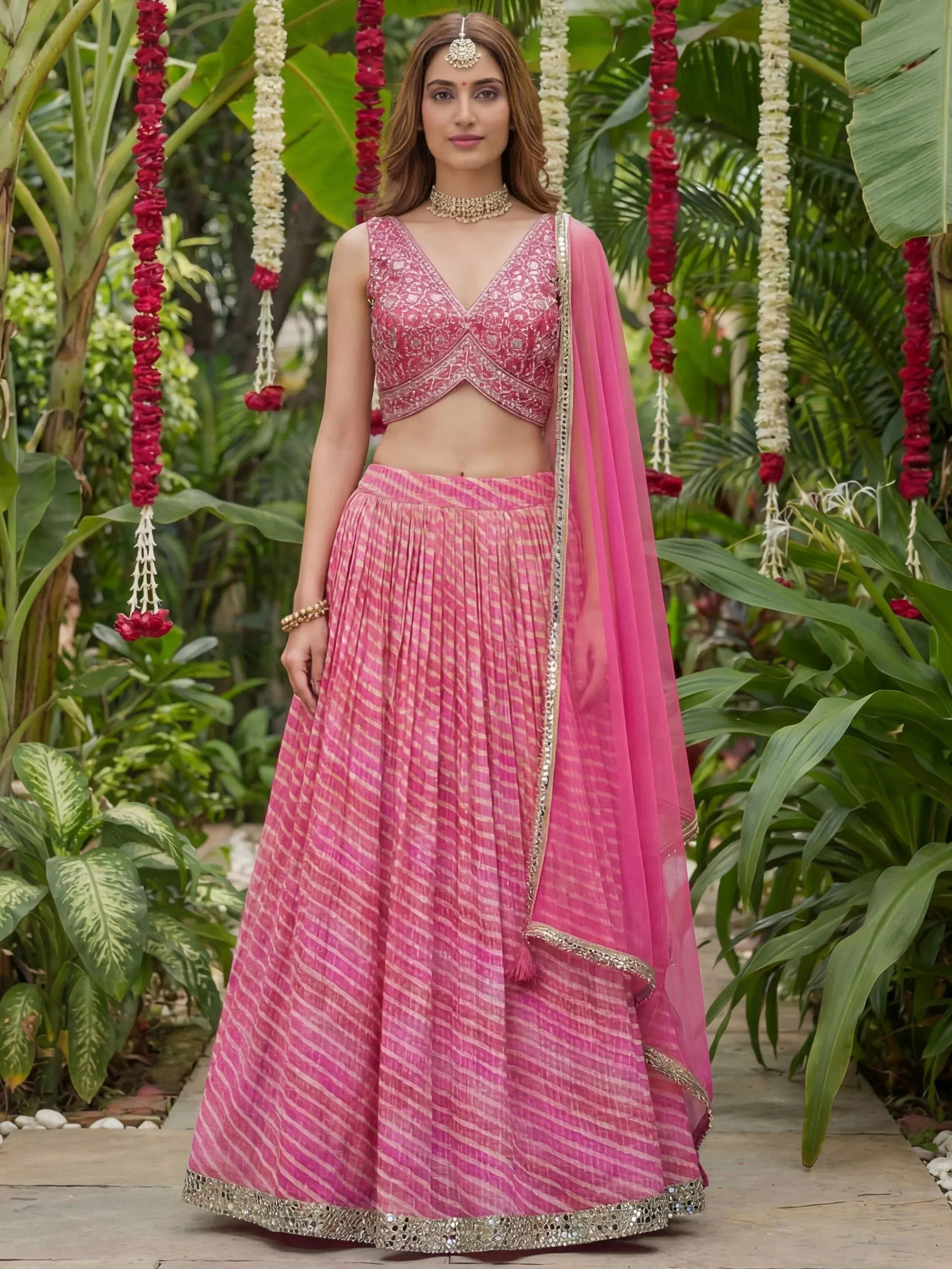 Tulsi Art Alluring Pink Leheriya Printed Organza Festive Wear Lehenga Choli - Dista