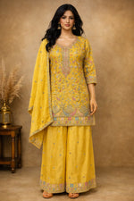 Thumbnail for Anaita Yellow Chinon Stitched Plazzo Suit With Embroidery Work - Distacart