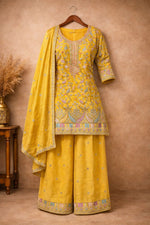 Thumbnail for Anaita Yellow Chinon Stitched Plazzo Suit With Embroidery Work - Distacart