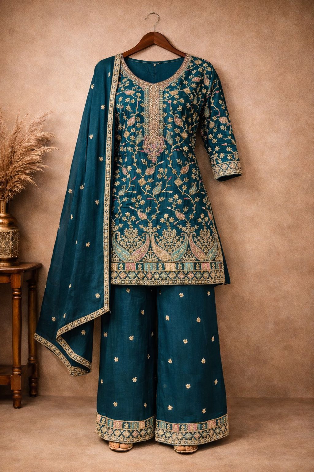 Anaita Teal Chinon Stitched Plazzo Suit With Embroidery Work - Distacart