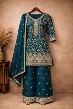 Thumbnail for Anaita Teal Chinon Stitched Plazzo Suit With Embroidery Work - Distacart