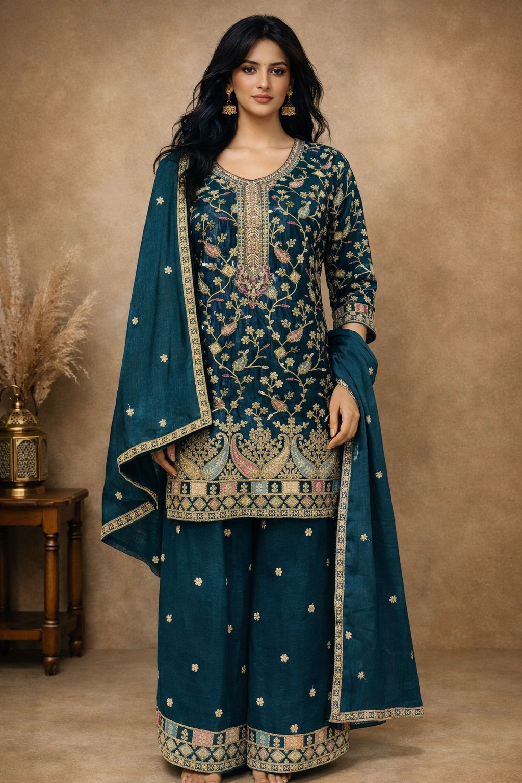 Anaita Teal Chinon Stitched Plazzo Suit With Embroidery Work - Distacart