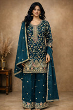 Thumbnail for Anaita Teal Chinon Stitched Plazzo Suit With Embroidery Work - Distacart