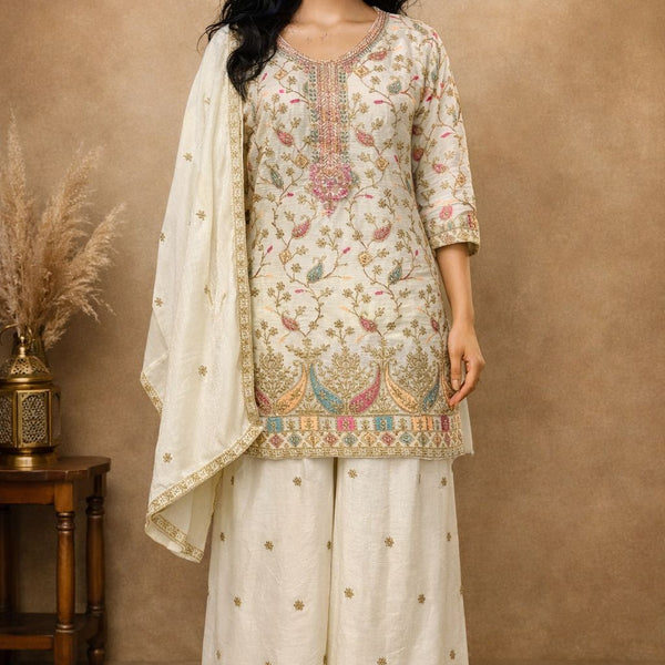Anaita White Chinon Stitched Plazzo Suit With Embroidery Work - Distacart
