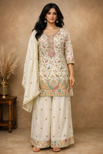 Thumbnail for Anaita White Chinon Stitched Plazzo Suit With Embroidery Work - Distacart