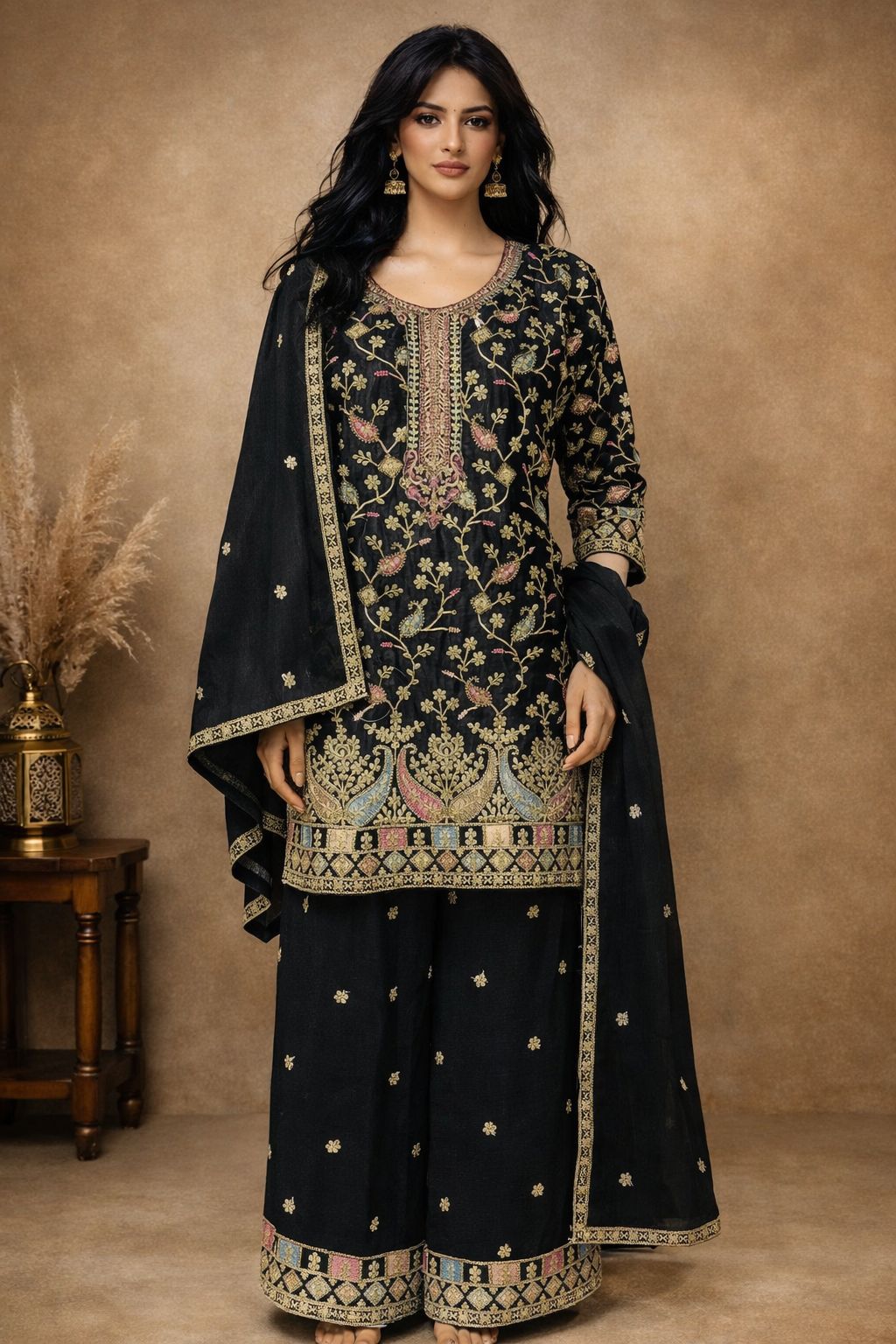 Anaita Black Chinon Stitched Plazzo Suit With Embroidery Work - Distacart