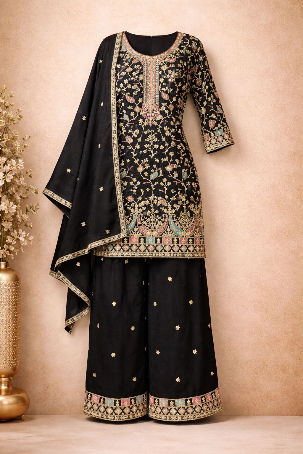 Anaita Black Chinon Stitched Plazzo Suit With Embroidery Work - Distacart