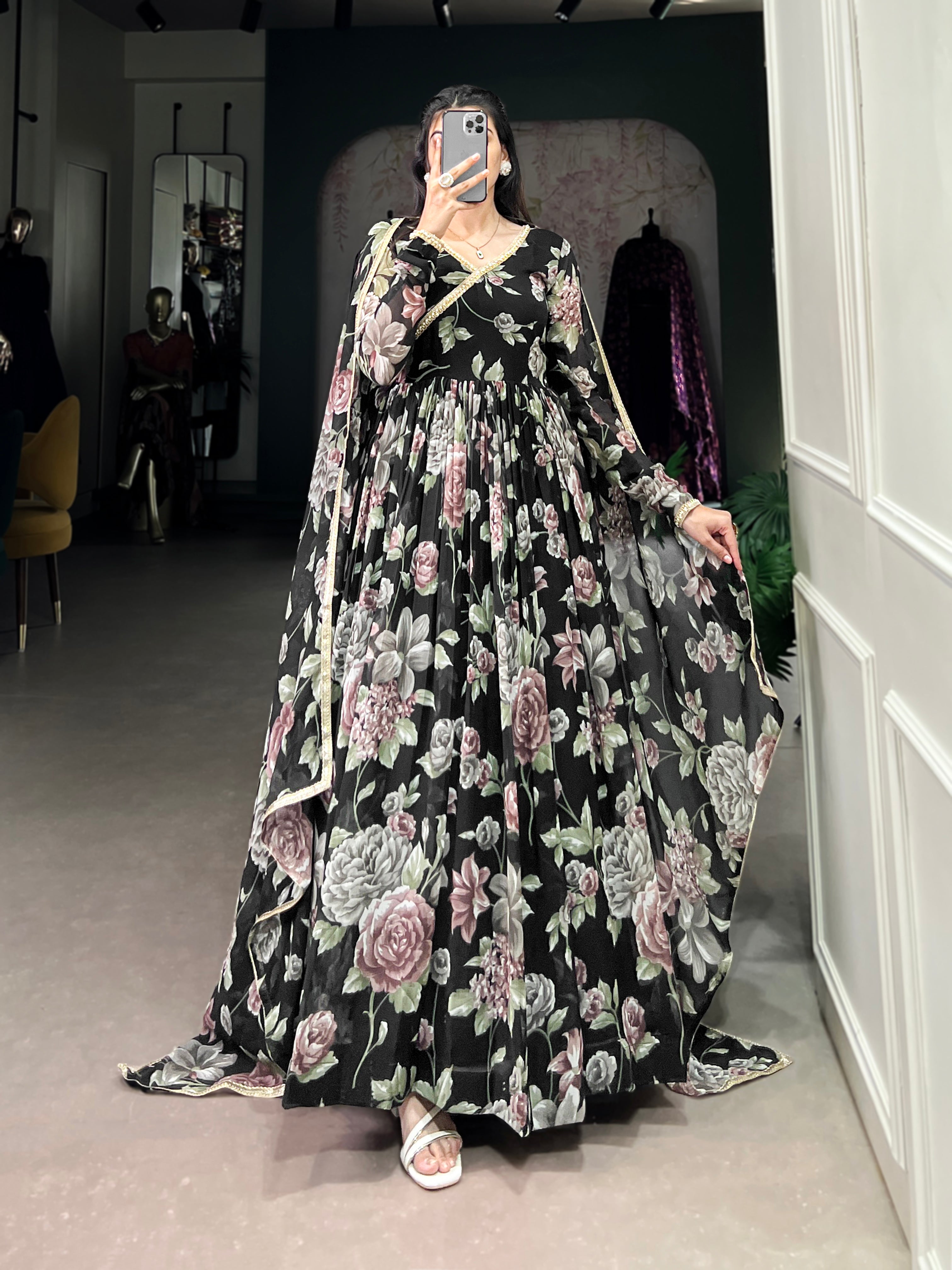 Lorenvalley Black Marbel Fabric Floral Print With Lace Touch Up Gown with Dupatta - Distacart