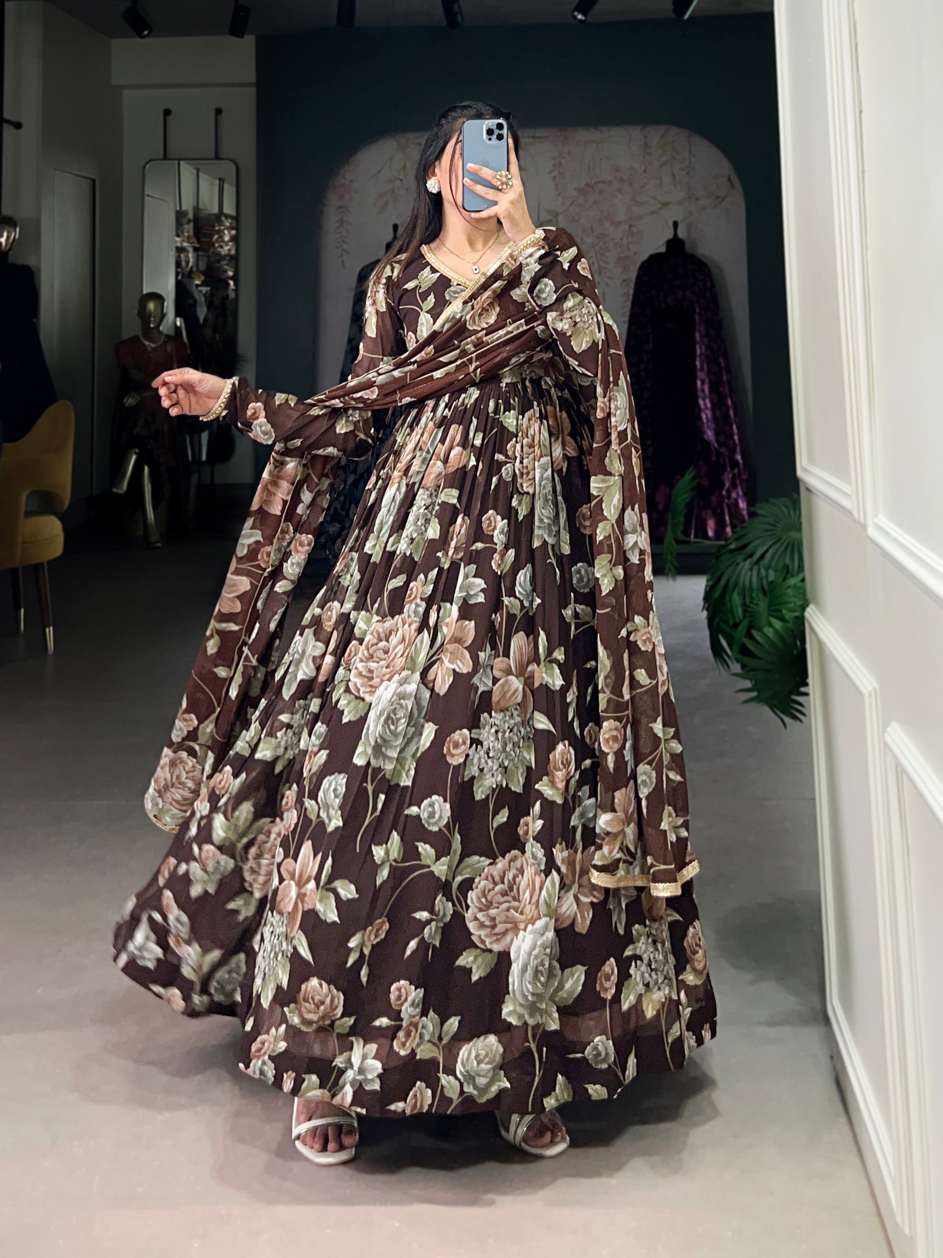 Lorenvalley Brown Marbel Fabric Floral Print With Lace Touch Up Gown with Dupatta - Distacart