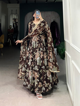 Lorenvalley Brown Marbel Fabric Floral Print With Lace Touch Up Gown with Dupatta - Distacart