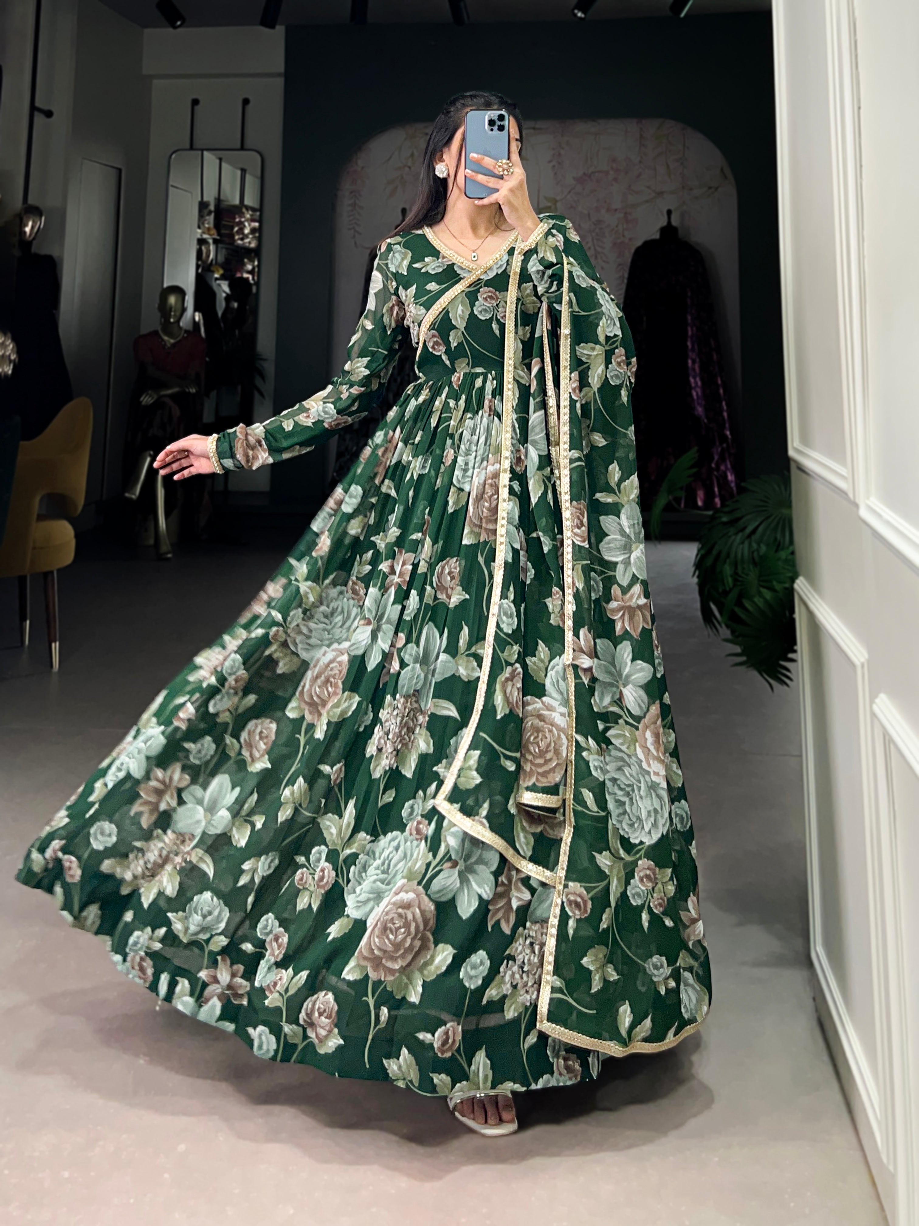 Lorenvalley Green Marbel Fabric Floral Print With Lace Touch Up Gown with Dupatta - Distacart