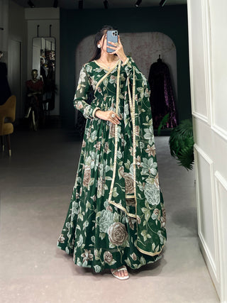 Lorenvalley Green Marbel Fabric Floral Print With Lace Touch Up Gown with Dupatta - Distacart