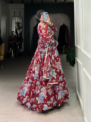 Lorenvalley Maroon Marbel Fabric Floral Print With Lace Touch Up Gown with Dupatta - Distacart