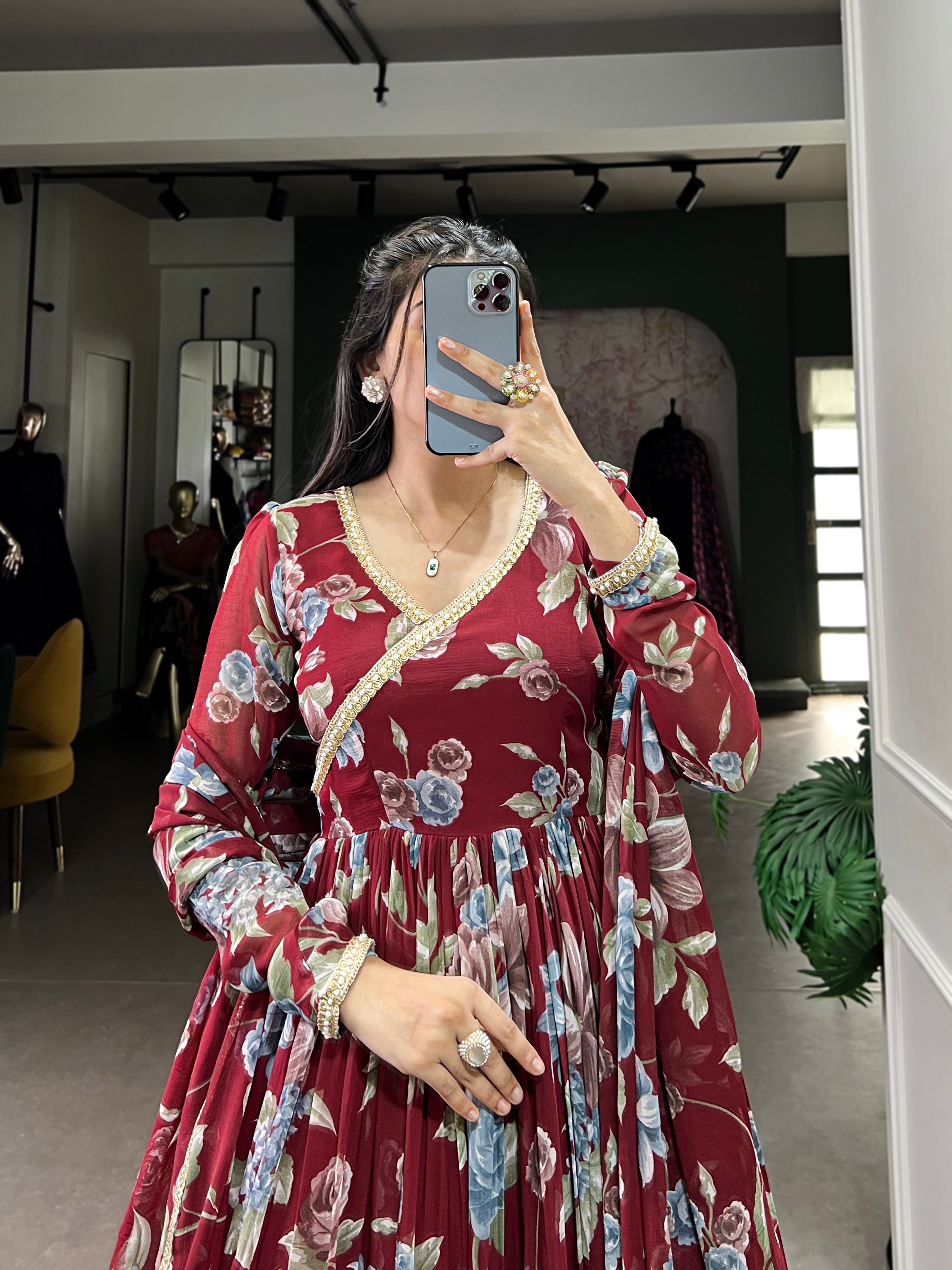 Lorenvalley Maroon Marbel Fabric Floral Print With Lace Touch Up Gown with Dupatta - Distacart