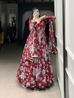 Thumbnail for Lorenvalley Maroon Marbel Fabric Floral Print With Lace Touch Up Gown with Dupatta - Distacart