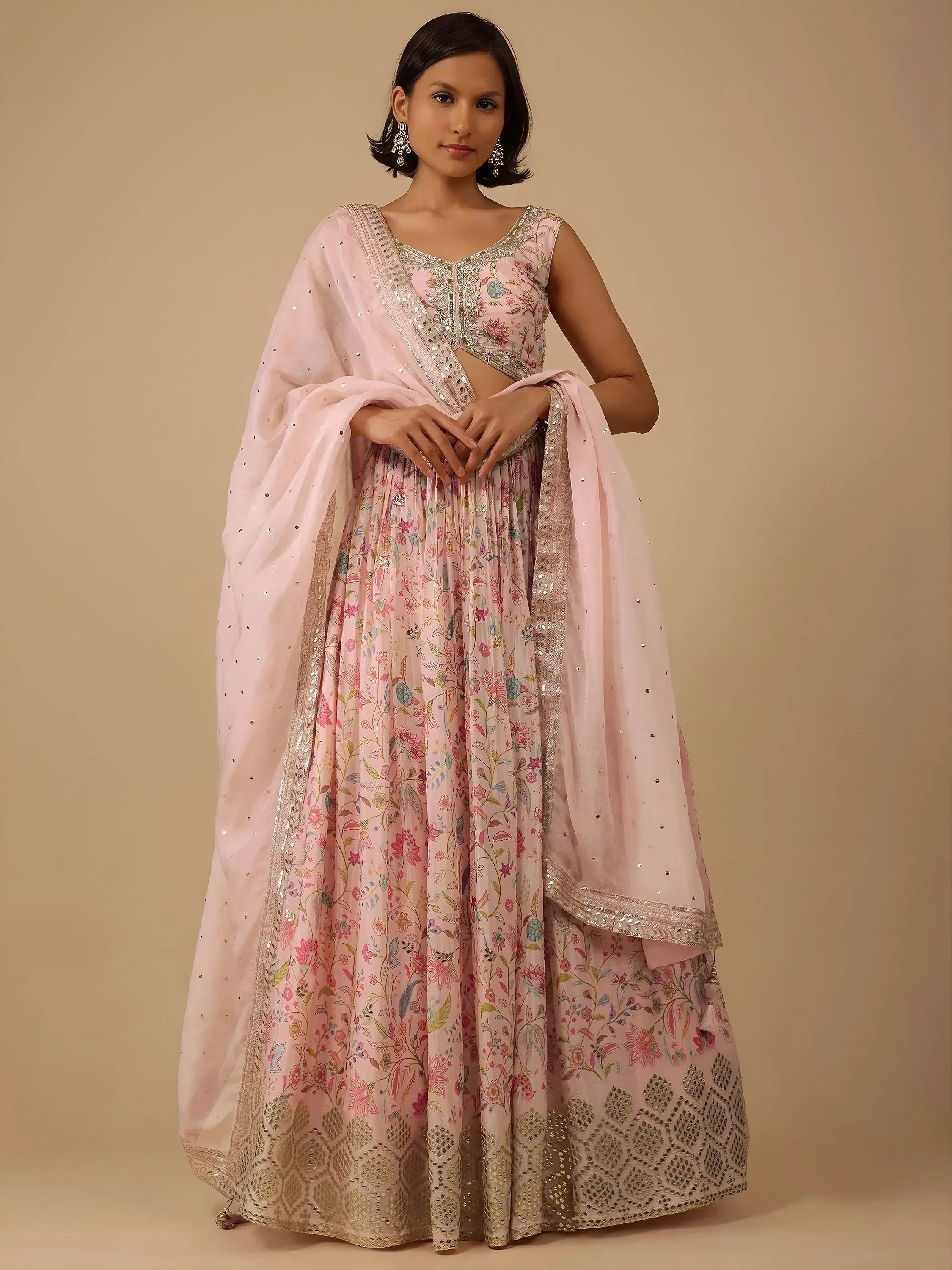 Tulsi Art Gorgeous Peach Digital Printed Organza Sangeet Wear Lehenga Choli - Dista