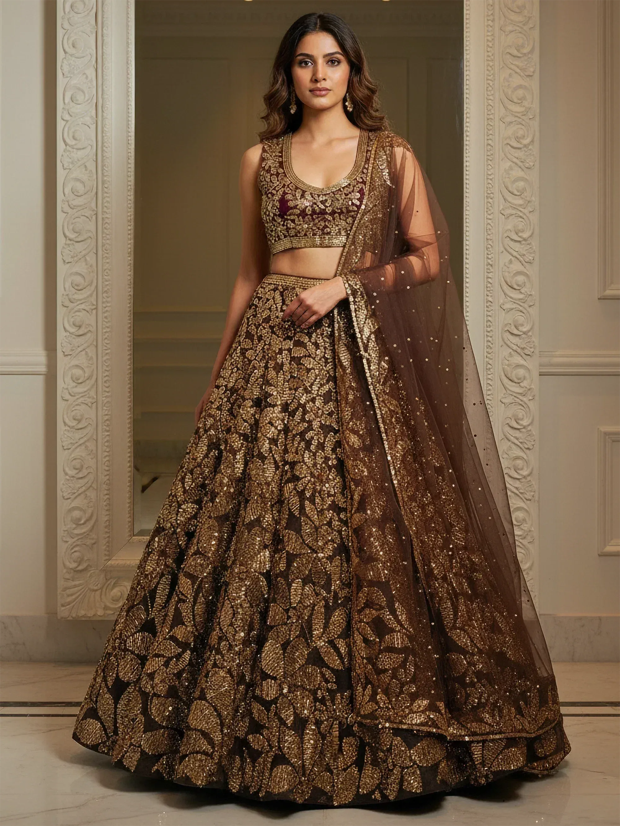 Tulsi Art Elegant Brown Fully Sequins Net Reception Wear Lehenga Choli - Dista