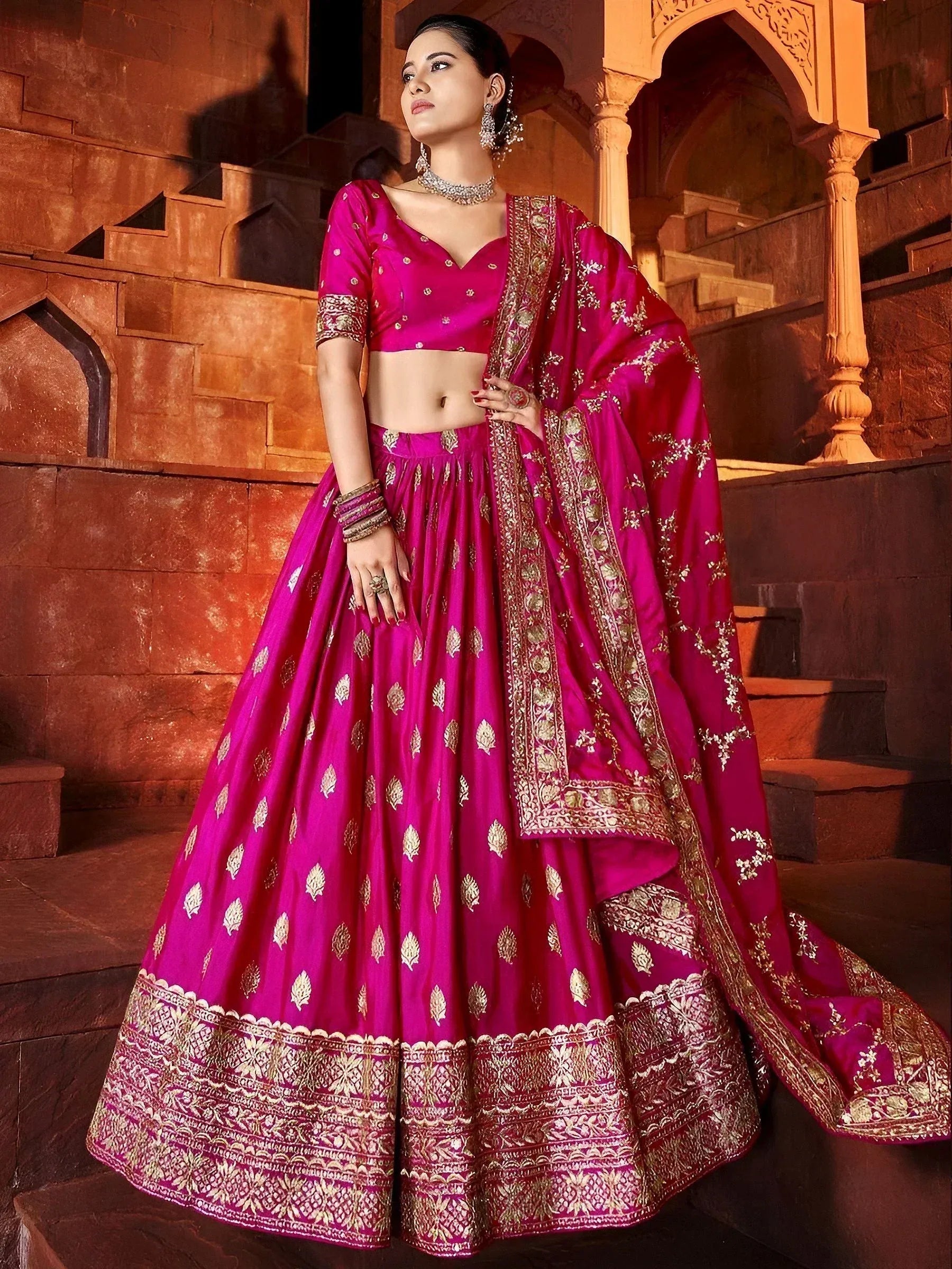 Tulsi Art Marvelous Hot Pink Sequins Embroidered Silk Lehenga Choli - Dista
