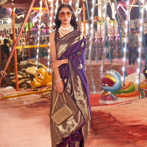 Monjolika Fashion Dark Violet Colour Handloom Silk Blend Zari Woven Saree With Blouse - Distacart