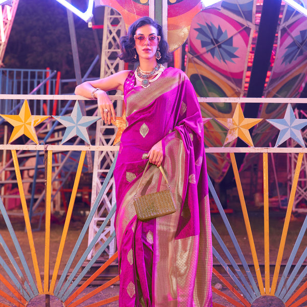 Monjolika Fashion Purple Colour Handloom Silk Blend Zari Woven Saree With Blouse - Distacart