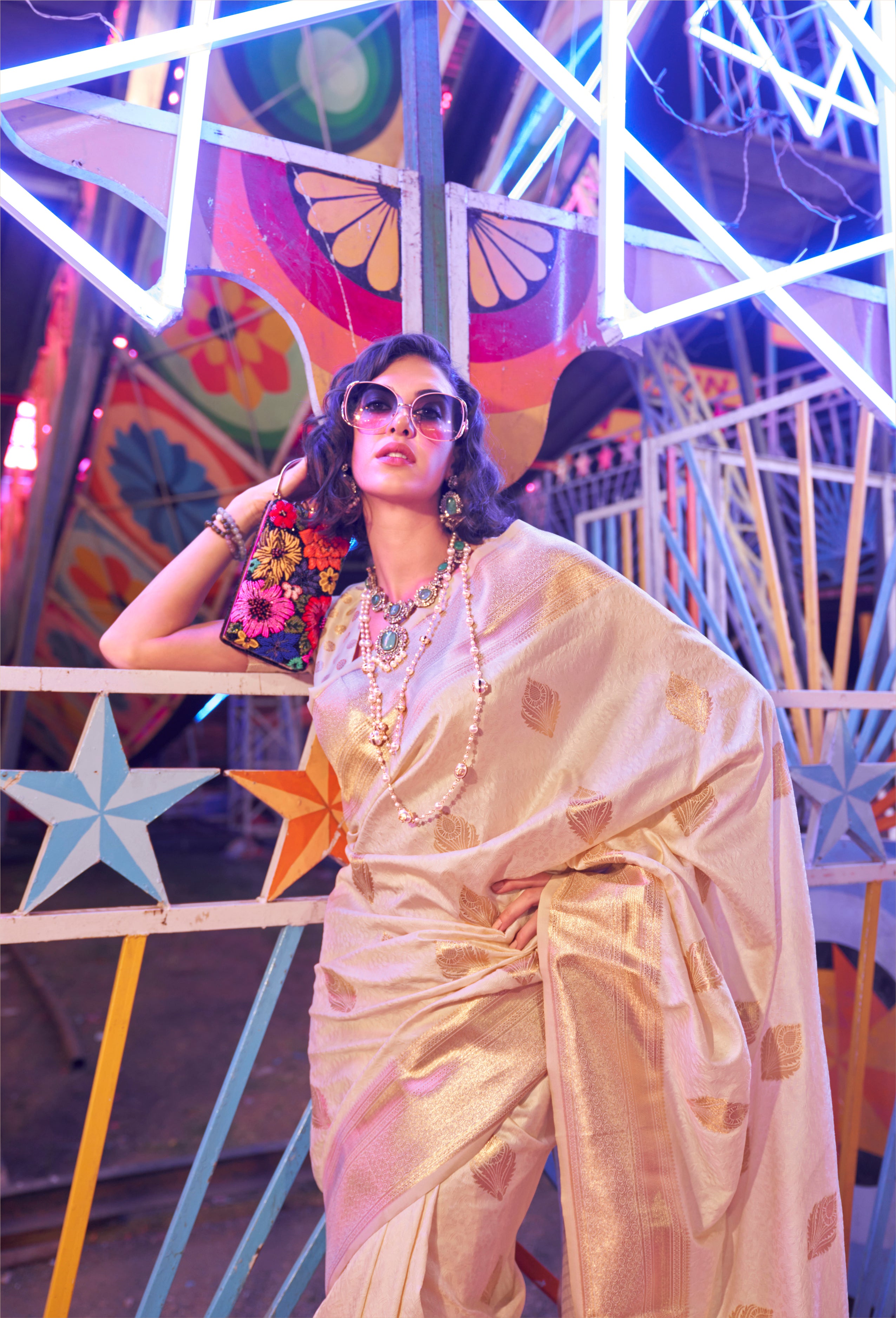 Monjolika Fashion Beige Colour Handloom Silk Blend Zari Woven Saree With Blouse